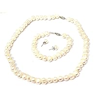 Designer Jewellery Large AAAA NATURAL Pearl Jewelry Set STERLING SILVER Necklace,Earrings & Bracelet Elegant Pearl Jewelry Set women Silk Hand Strung Pearl for her Birthday 8-9.5mm Christmas Bday gift