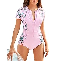 GRACE KARIN Women's Swimwear Rash Guard Short Sleeves Zip Front Round Neck One Piece Bathing Suit
