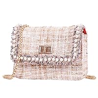 Qiayime Purse and Handbags for Women Fashion Tweed Pearl Top Handle Satchel Shoulder Tote bead chain Crossbody Clutch Bag