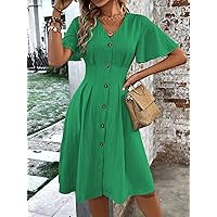 Women's Dress Solid Button Front -line Dress Women's dressEVEBABY (Color : Green, Size : Medium)