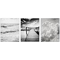 Black and White Wall Art Set of 3 SMALL 5x7” Prints, Unframed, Black and White Minimalist Ocean, Clouds, Nautical Pictures for Office, Bedroom, Bathroom Walls