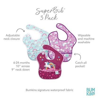 Bumkins SuperBib, Baby Bib, Waterproof, Washable Fabric, Fits Babies and Toddlers 6-24 Months - Unicorn & Rainbow (3-Pack)