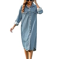 Women Button Down Denim Midi Shirt Dress Long Sleeve Jean Dress with Pockets
