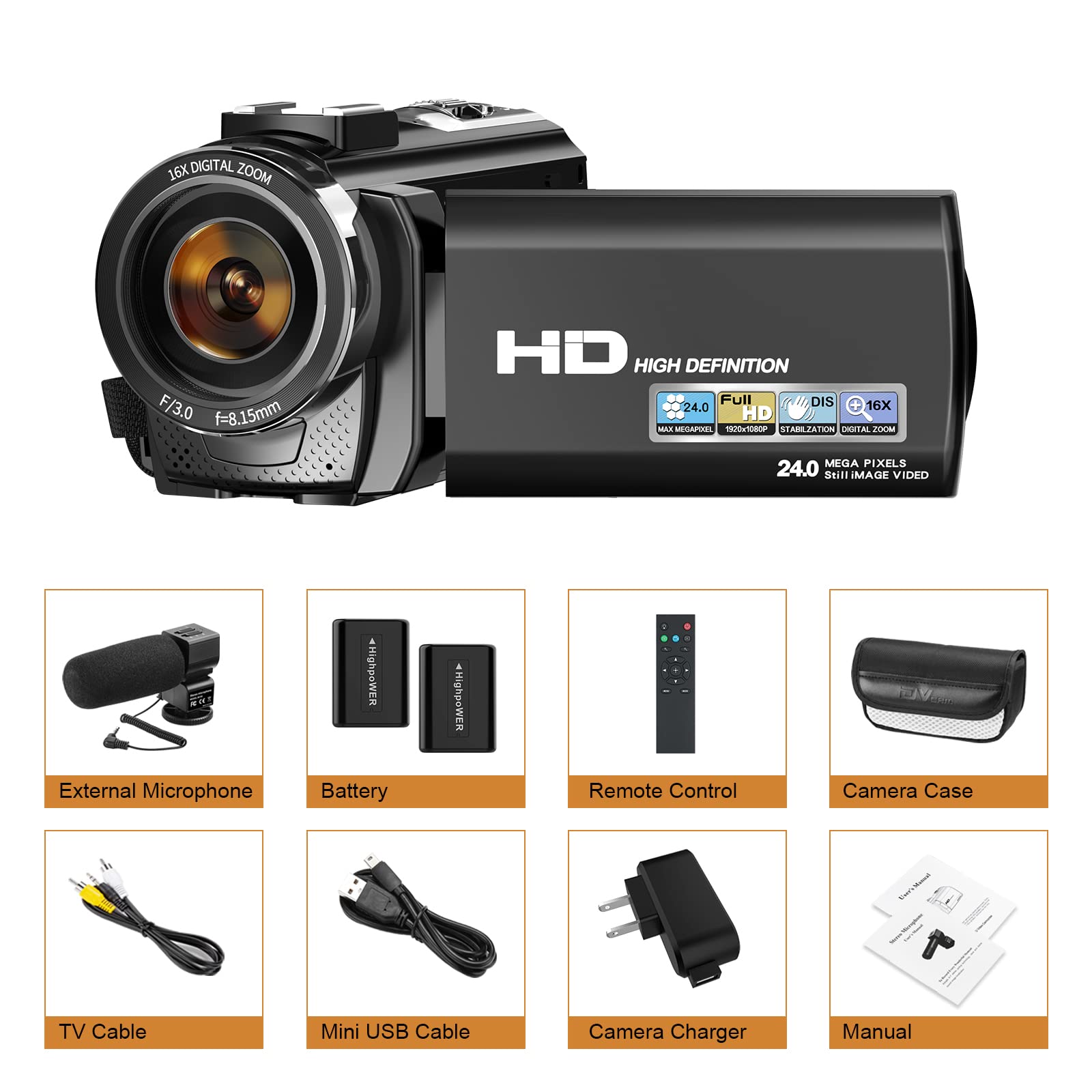 Aasonida Video Camera Camcorder for YouTube, Digital Vlogging Camera FHD 1080P 30FPS 24MP 3.0 Inch 270° Rotation Screen Video Recorder with Microphone, Remote Control, 2 Batteries