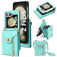 Asuwish Phone Case for Samsung Galaxy Z Flip 5 5G 2023 Wallet Cover with Credit Card Holder Zipper Slot Shoulder Crossbody Strap Lanyard Leather Stand Cell ZFlip5 Z5 Flip5 5Z Women Girls Green