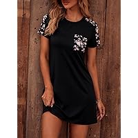 Summer Dresses for Women 2022 Floral Print Pocket Front Tee Dress (Color : Black, Size : X-Small)