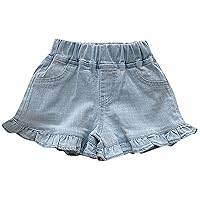 Girls Solid Color Denim Elastic Waistband Ruffle Hem Flared Sweatshort Summer Sport Wear Shorts for Infant