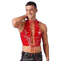 FEESHOW Mens Wet Look Patent Leather Crop Tops Hollow Out Lace-Up Vest T Shirts Clubwear
