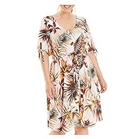 ESTELLE Womens Coral Printed Short Sleeve Short Fit + Flare Dress Plus Size: 1X