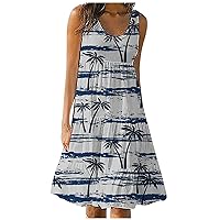 Women's Casual Summer Tiered Mini Babydoll Dresses Tropical Palm Tree Print Beach Dress Flowy Swing T Shirt Dress