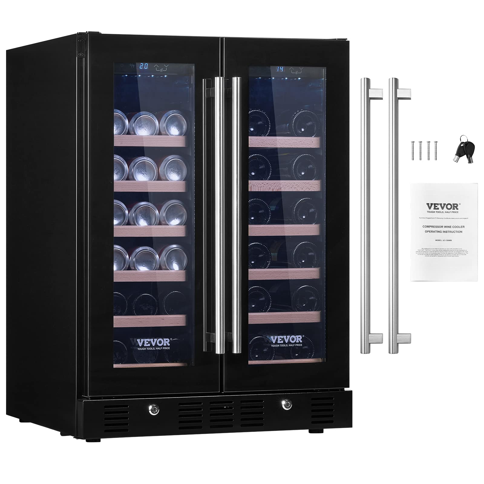 VEVOR 78 Cans and 20 Bottles Dual Zone Wine Refrigerator 24” Beverage Cooler with Digital Temperature Control, Tempered Glass Door, Child Lock, Low Noise, Freestanding or Built-in, ETL, Black