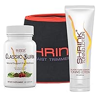 Shrink Toning Lotion and Shrink Classic Burn Supplement with Shrink Waist Trimmer Bundle for Complete Essentials for Workout and Gym Exercise, Body Toning, Enhancing and Weight Management Support