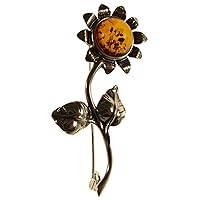 BALTIC AMBER AND STERLING SILVER 925 DESIGNER COGNAC SUNFLOWER BROOCH PIN JEWELLERY JEWELRY