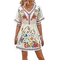 Summer Dresses for Women 2024 Floral Print Tassel Trim Batwing Sleeve A Line Short Dress