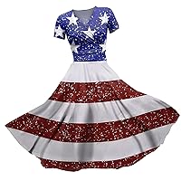 Women 4th of July Dress Patriotic Dress for Women USA Dress Casual Beach V Neck Short Sleeves Maxi Dresses