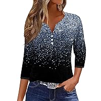 Womens 3/4 Sleeve Tops V Neck Button Down Henley Loose Fit Blouse Summer Fashion Graphic Tunic Tshirts