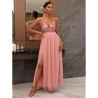 Necklaces for Women Sequin Bodice Backless Mesh Cami Prom Dress (Color : Pink, Size : X-Small)