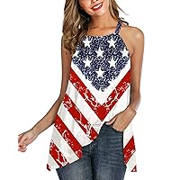 DDSOL American Flag Shirt for Women 4th of July Patriotic Tank Tops USA Star Stripes Summer Sleeveless Halter Tops