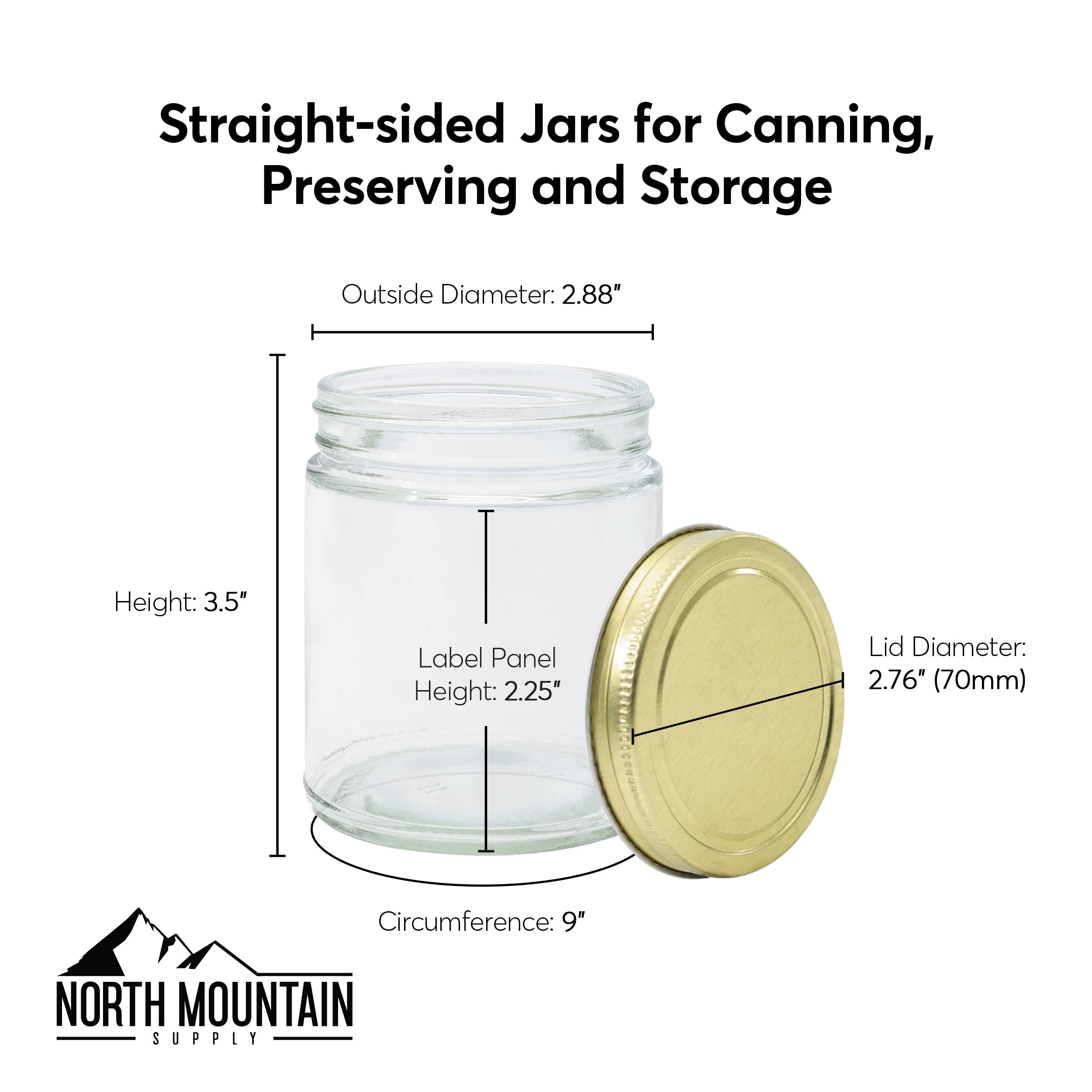 North Mountain Supply 9 Ounce Clear Glass Straight Sided Mason Canning Jars - With 70mm White Metal Lids - Case of 12