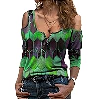 Andongnywell Sexy Tops for Women Lapel Geometric Print Zipper Blouse Shirt Cold Shoulder Short Sleeve Casual T-Shirt