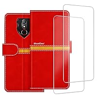 Phone Case Compatible with Gionee M30 + [2 Pack] Screen Protector Glass Film, Premium Leather Magnetic Protective Case Cover for Gionee P90 (6 inches) Red