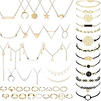 52 Pieces Jewelry Set for Teen Girls with Multiple Layered Choker Pendant Necklace Assorted Rings Vintage Star Moon Knuckle Ring Set Stackable Adjustable Open Cuff Bangle Bracelet