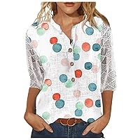 Ladies Summer Tops and Blouses 2023,3/4 Length Sleeve Tops V-Neck 3/4 Sleeve Blouse Print Lace Casual Loose Work Tunic Tee