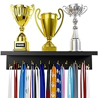 EVERMORE Medal Hanger Display and Trophy Shelf with Hooks - Wooden Medal Holder for Wall Mount Ribbon