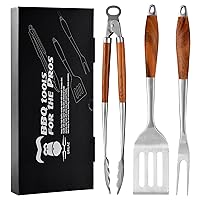 Heavy-Duty Rose Wooden BBQ Grilling Tools Set. Extra Thick Stainless Steel Multi-Function Spatula, Fork & Tongs | Essential Accessories for Barbecue & Grill. Ideal Gift for Father