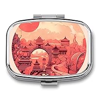 Pill Box Portable Pill Case for Pocket Chinese Architectural Patterns Travel Small Pill Organizer 2 Compartment Metal Pill Container Holder for Medicine Vitamins Fish Oil Supplements