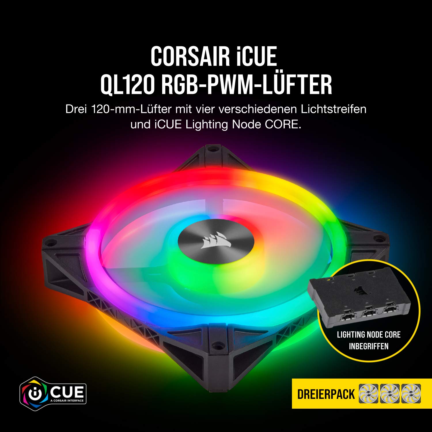 Corsair iCUE QL120 RGB, 120-mm-RGB-LED-PWM-Lüfter (für Desktop, 68 Einzeln Ansteuerbare RGB-LEDs, Schwindigkeiten Bis zu 1,500 U/Min, Geräuscharm) 3er-Pack mit Lighting Node Core - schwarz