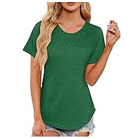 Spring Tops for Women 2024 Loose Fitting T Shirts Trendy Coral Short Sleeve Tops Smocked Crewneck Tees Casual Shirts