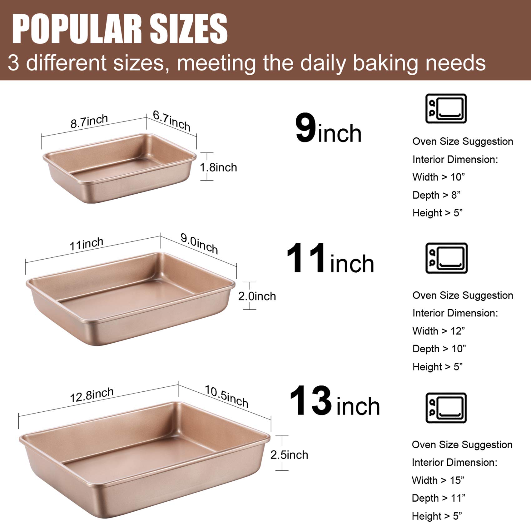 JOHO BAKING Deep Baking Pans Sets Nonstick,Baking Sheets for Oven,Bakeware Rectangular Cake Pan Set,3 Piece,Gold