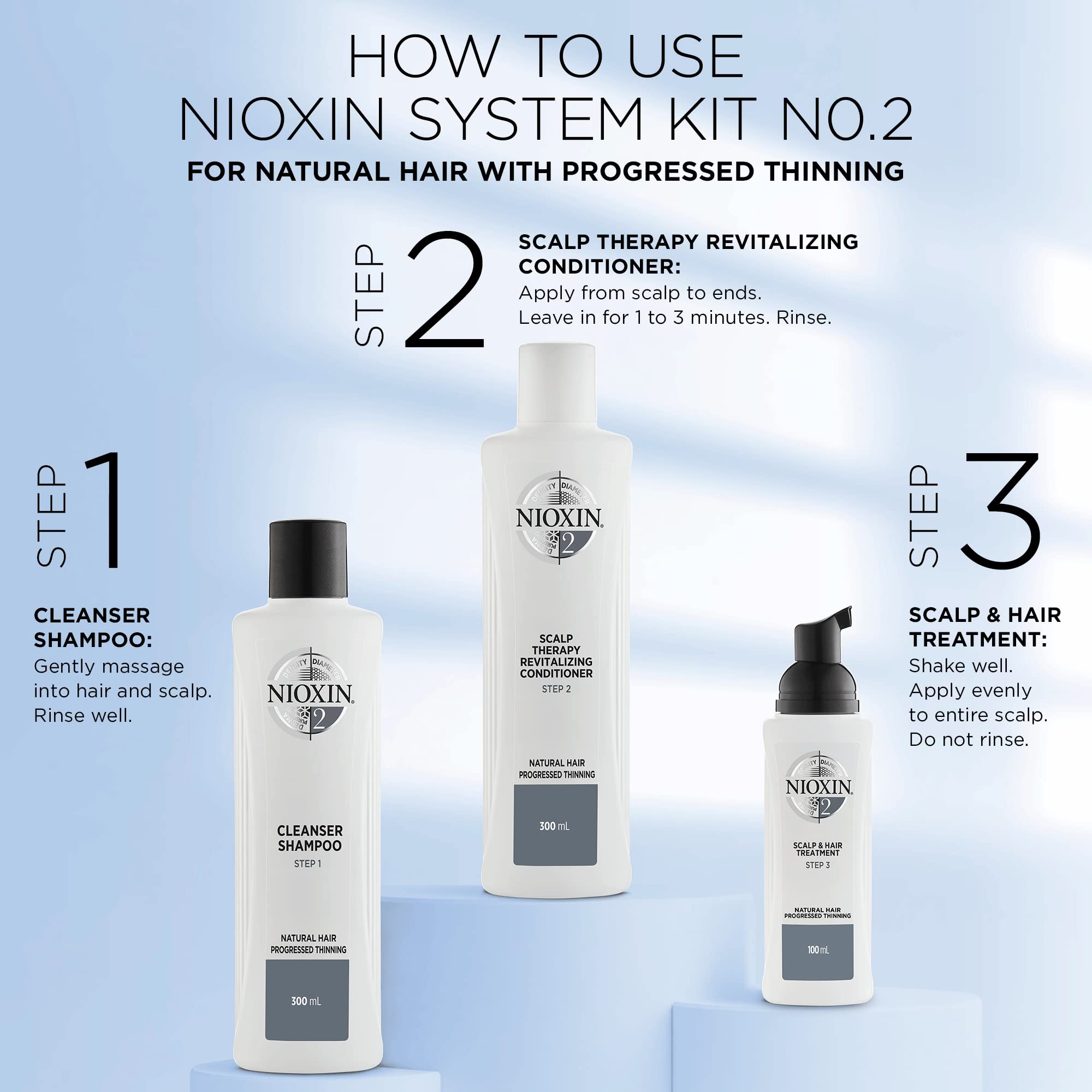 Nioxin System Kit 2, Hair Strengthening & Thickening Treatment, Treats & Hydrates Sensitive or Dry Scalp, For Natural Hair with Light Thinning, Full Size (3 Month Supply)