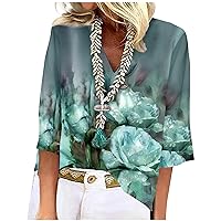 Women's V Neck 3/4 Sleeve T Shirt Casual Loose Lace Trims Print Blouse Shirts Tee