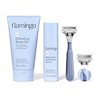 Flamingo Pubic Shaving Regimen - Pubic Razor - Exfoliating Shave Gel, 5 fl oz - Restorative Post Shave Serum, 1.7 fl oz