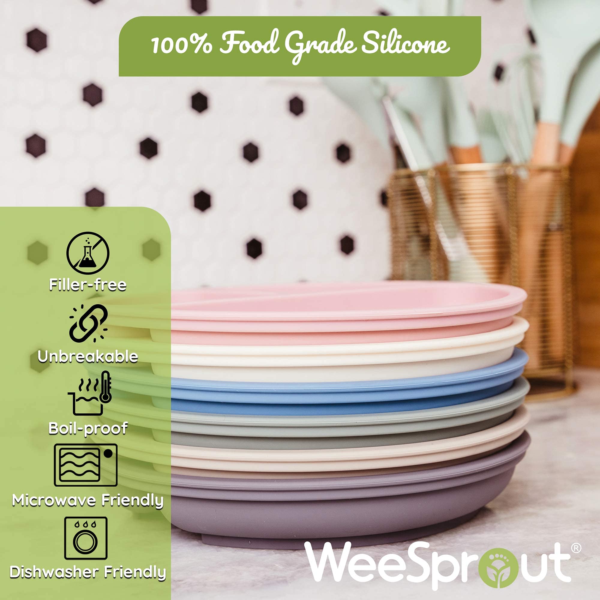 WeeSprout 100% Silicone Suction Dishware Plate for Babies and Toddlers Divided Design Microwave and Dishwasher Safe 3 Pack (Matte Blue, Pink & Off White)