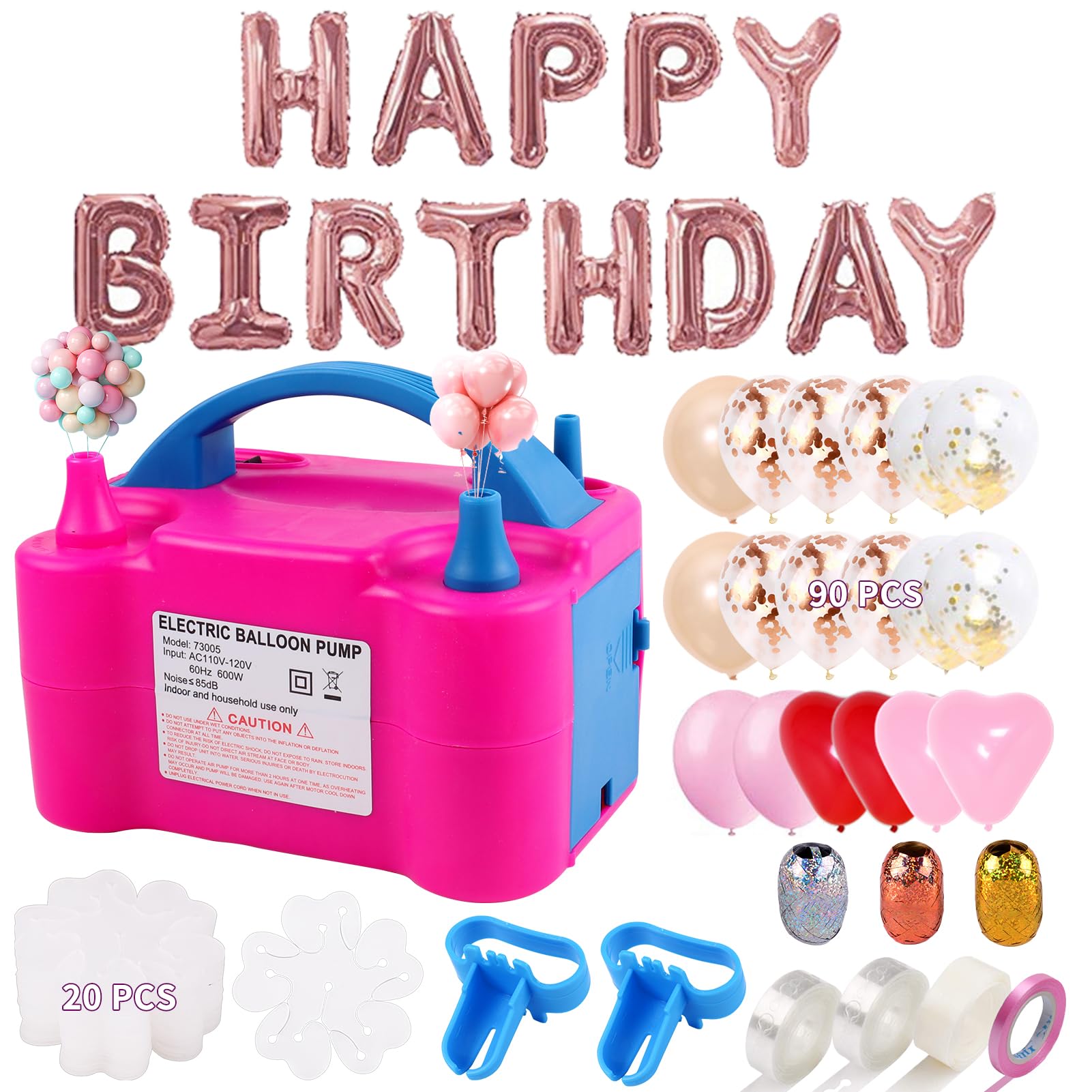 Balloon Pump 132 PCS Electric Balloon Pump 110V 600W Portable Electric Balloon Air Pump Electric Balloon Inflator with 90 PCS Balloons, Tying Tools, 20 Flower Clips,Balloon Blower for Party Decoration