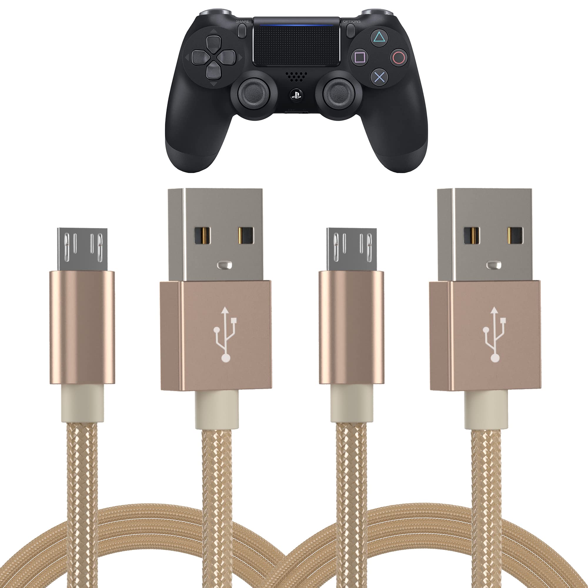 TALK WORKS Playstation 4 Charging Cable - 6' Nylon Braided Micro USB Charger Cord, Heavy Duty Fast Charge for PS4 (Gold, Pack of 2) (14092)