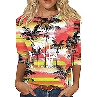 Hawaiian Shirts for Women Plus Size Summer 3/4 Sleeve Cute Graphic Tees Blouses Casual Basic Tops Pullover