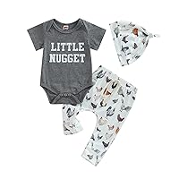 Newborn Baby Boy Farm Outfit Guess What Short Sleeve Romper Back Chicken Print Pants Hat Set 3Pcs Summer Clothes
