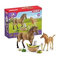 Schleich Horse Club Sarah's Baby Horse Animal Care Figurine Toy Set - Little Farm Animal Care Horse, Foal, and Puppy with Accessories Play Toy Set for Boys and Girls, Gift for Kids Age 5+