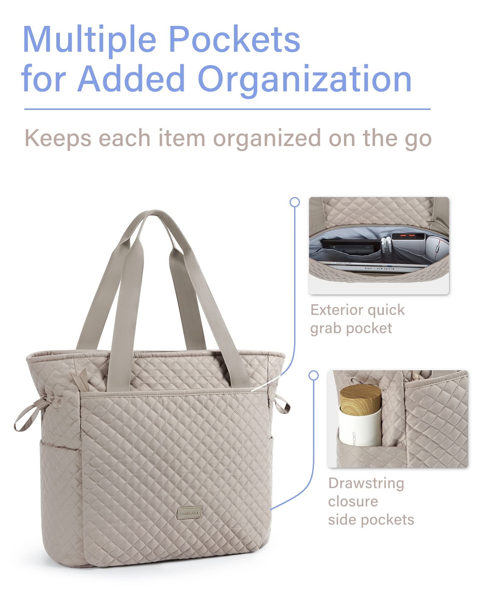 BAGSMART Quilted Tote Bag, Top Handle Handbags for Women, Shoulder Bag, 25L Large Hobo Bag for Work, School, Travel