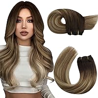 Moresoo Weft Hair Extensions Human Hair Ombre Sew in Hair Extensions Brown to Light Brown with Golden Blonde Human Hair Extensions Sew in Double Weft 14Inch 100G