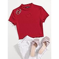 Women's Tops Women's Shirts Sexy Tops for Women Heart Cutout Detail Lettuce Trim Tee (Color : Red, Size : X-Small)
