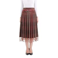 Plaid Pleated Tassel Tartan Midi Skirt with Belt Loop Mink