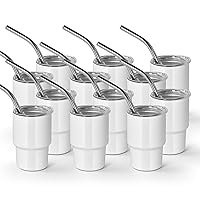 AGH 3 oz Mini Tumbler Shot Glass with Straw and Lid White Stainless Steel Sublimation Tumblers Double Wall Vacuum Insulated Cups, 12 Pack