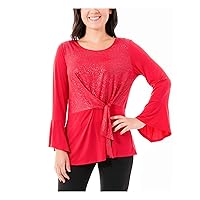 Womens Red Embellished Bell Sleeve Scoop Neck Top Petites PXL