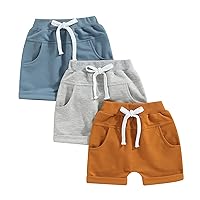 BHMAWSRT Infant Baby Boy Summer Shorts 3-Pack Toddler Shorts Boys Solid Color Newborn Soft Sweat Shorts with Drawstring
