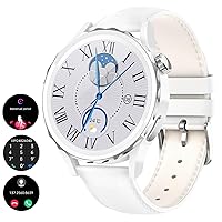 SUNKTA Women's Smart Watch with Bluetooth Calling, Smartwatch 110+ Sports Modes/IP68 Waterproof with Women's Health Sleep Heart Rate Monitor/Classic White Leather Pedometer/for Android iOS
